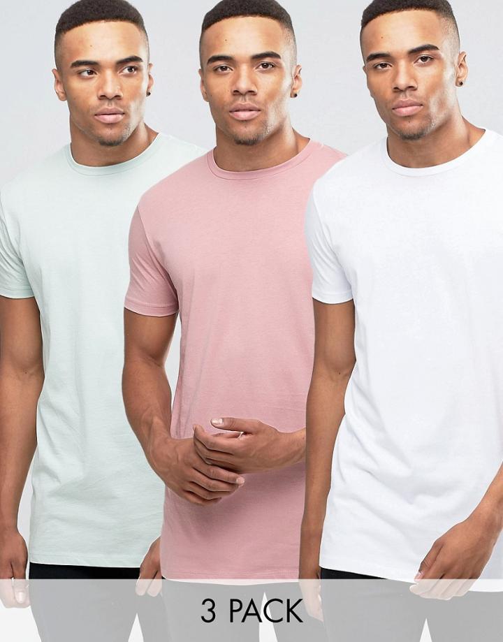 Asos 3 Pack Longline T-shirt With Crew Neck In White/aqua/pink - Multi