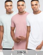 Asos 3 Pack Longline T-shirt With Crew Neck In White/aqua/pink - Multi