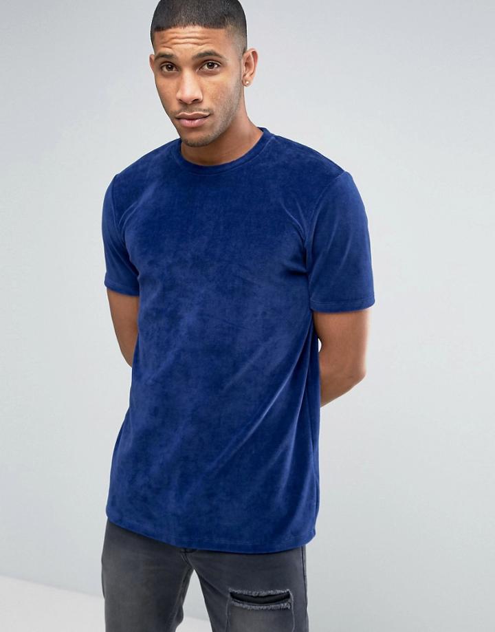 Asos Longline T-shirt In Blue Velvet - Navy