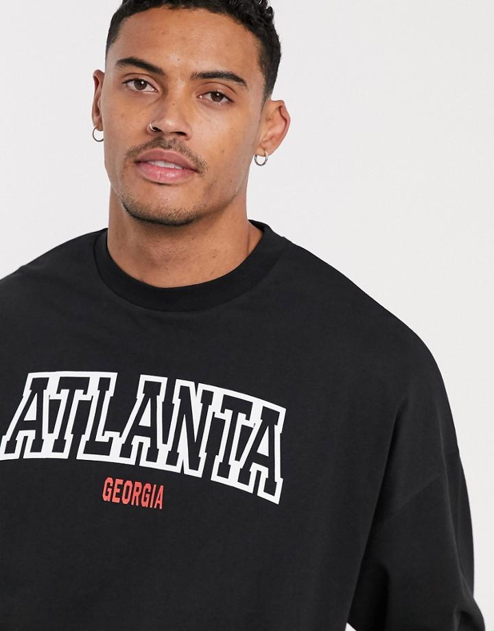 Asos Design Oversized Long Sleeve T-shirt In Black With Atlanta City Print