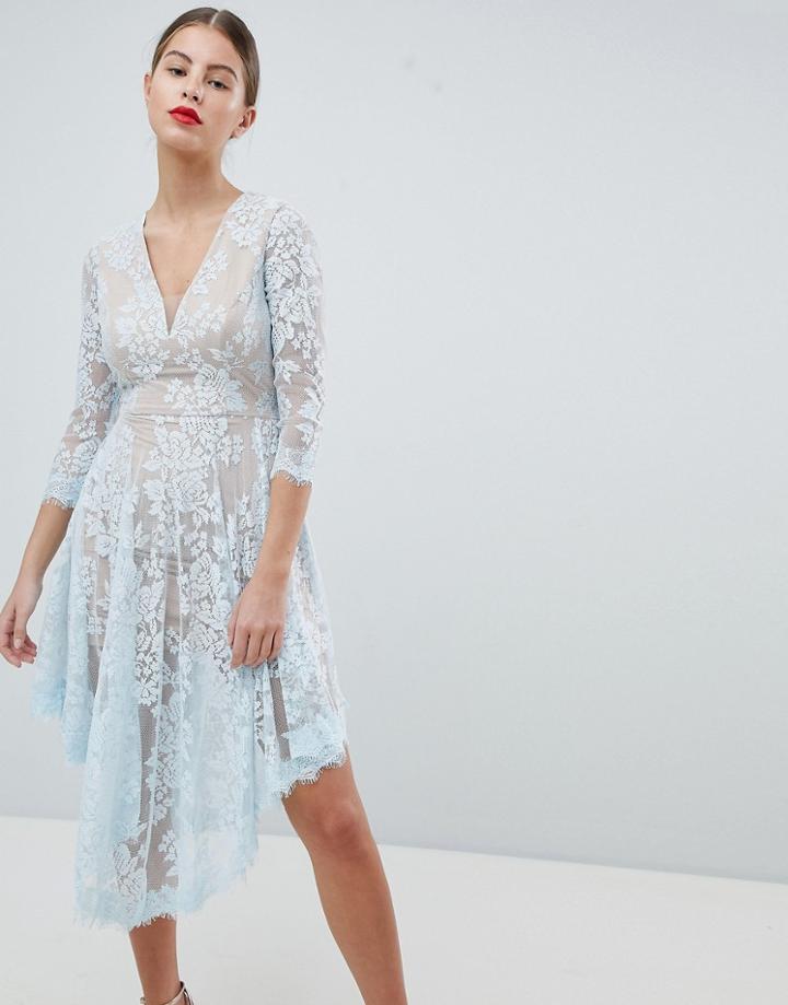 Forever Unique Lace Dipped Hem Dress - Blue