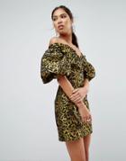 Asos Power Shoulder Bardot Animal Mini Dress - Multi