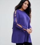 Asos Curve Longline Top With Tie Bow Sleeve - Purple