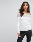 Lipsy Off Shoulder Sweater With Eyelash Lace Trim - White