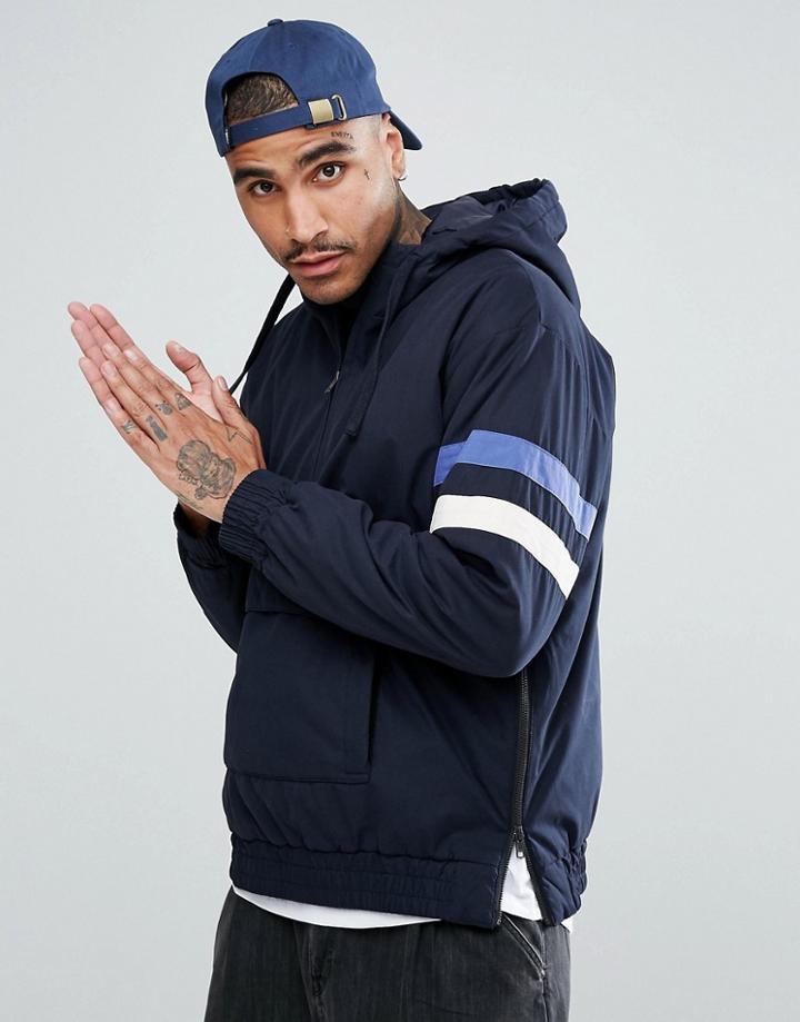 Asos Wadded Windbreaker With Sleeve Stripe In Navy - Navy