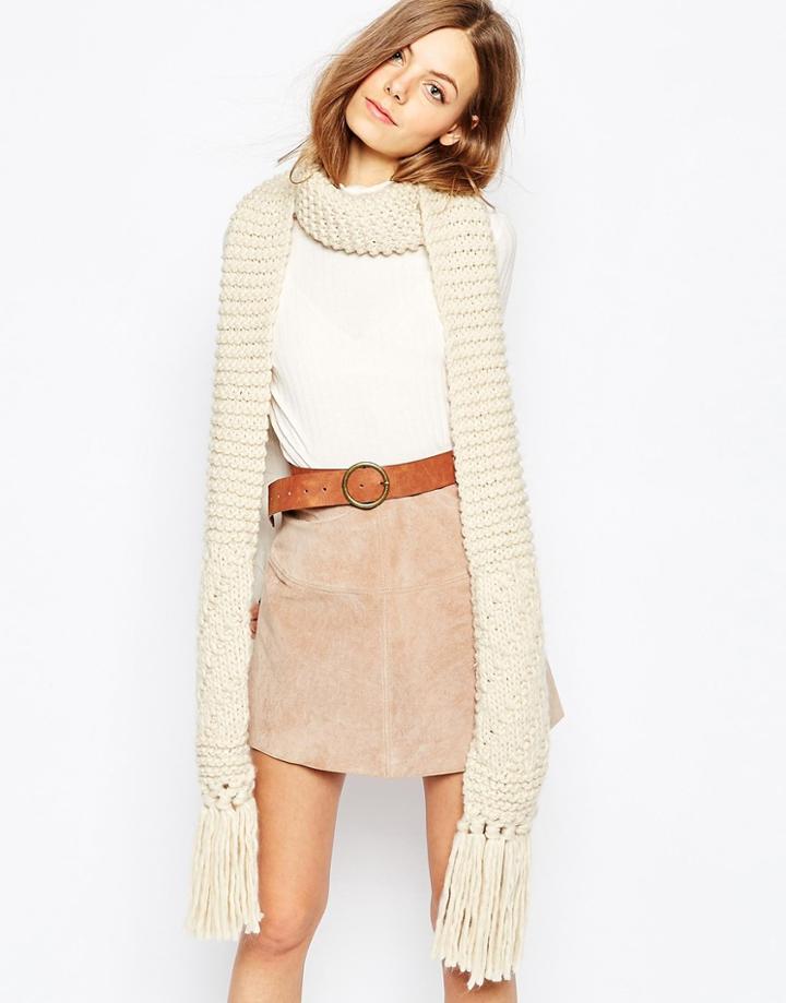 Pieces Long Tassel Scarf - Cream