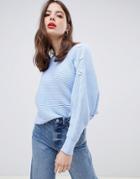 Asos Design Sweater In Ripple Stitch With Button Detail - Blue