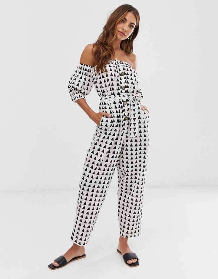 Asos Design Off Shoulder Button Front Jumpsuit With Tie Waist In Triangle Print - Multi