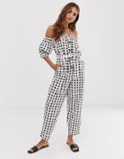 Asos Design Off Shoulder Button Front Jumpsuit With Tie Waist In Triangle Print - Multi