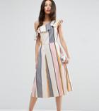 Asos Tall One Shoulder Ruffle Detail Sundress In Natural Fibre Stripe - Multi