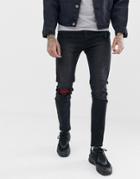 Liquor N Poker Skinny Jeans In Washed Black With Abrasion Check Patches - Black