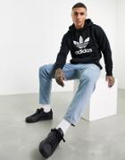 Adidas Originals Adicolor Large Trefoil Hoodie In Black-white