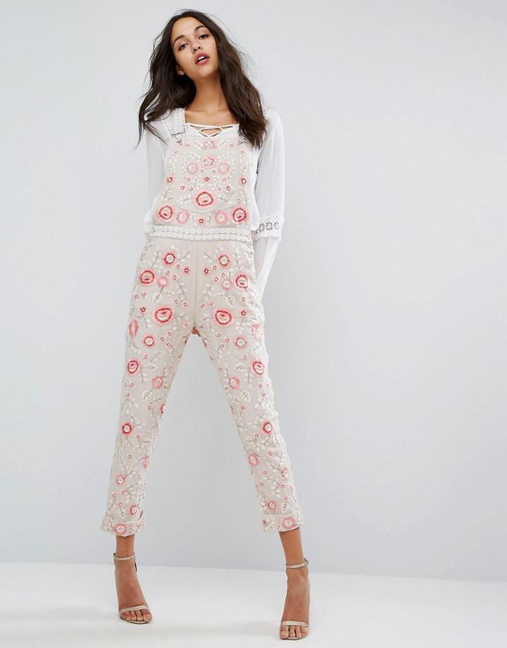 Needle & Thread Cherry Blossom Embroidered Overalls - Beige
