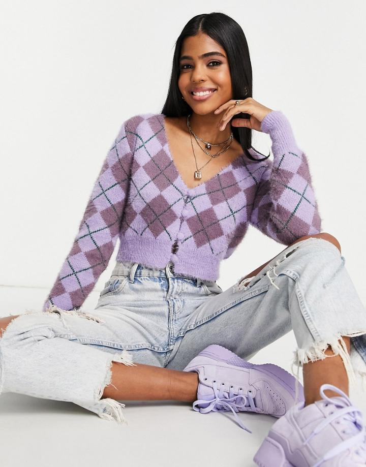 Lola May Argyle Cropped Cardigan-purple