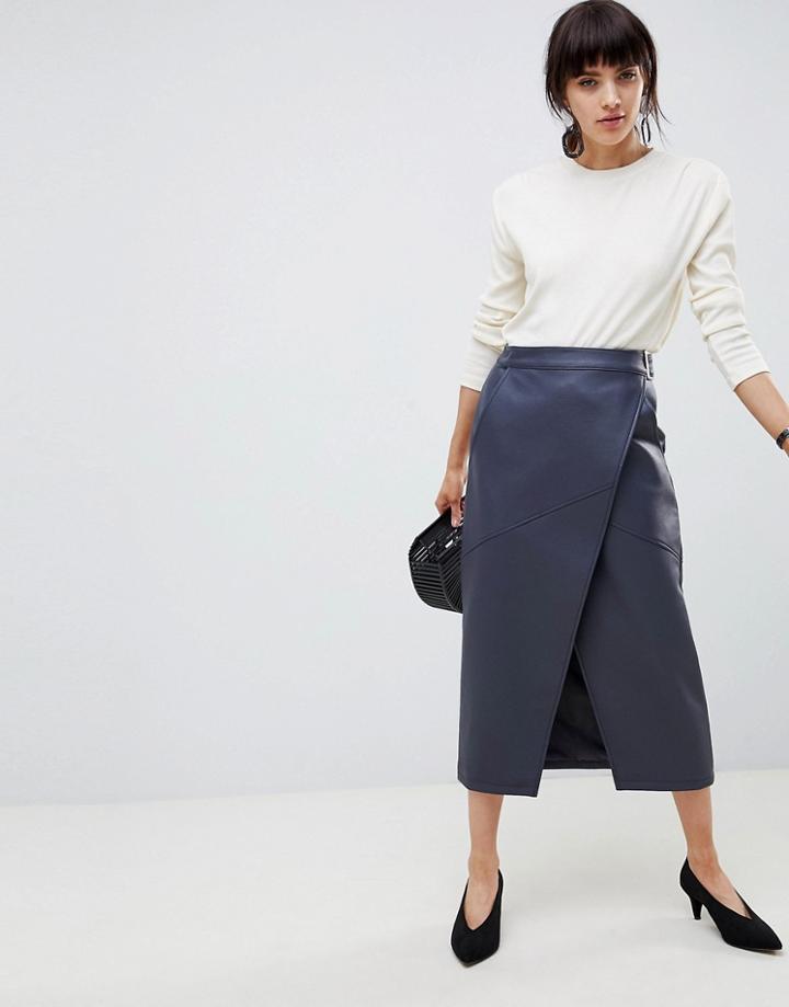 Asos Design Leather Look Wrap Midi Skirt With Buckle Belt - Navy