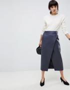 Asos Design Leather Look Wrap Midi Skirt With Buckle Belt - Navy