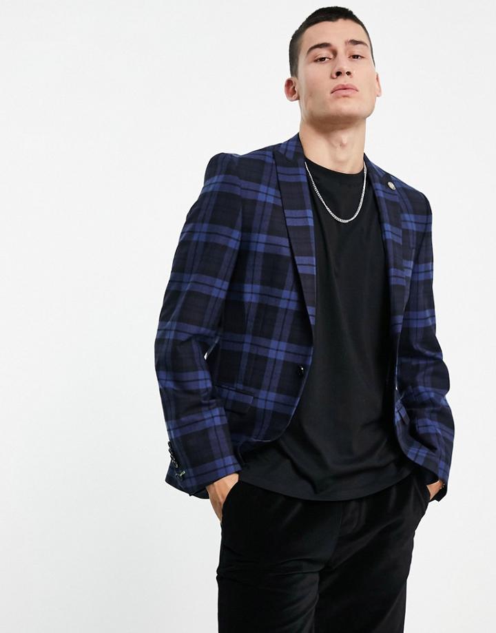 Twisted Tailor Suit Jacket In Navy Tonal Check