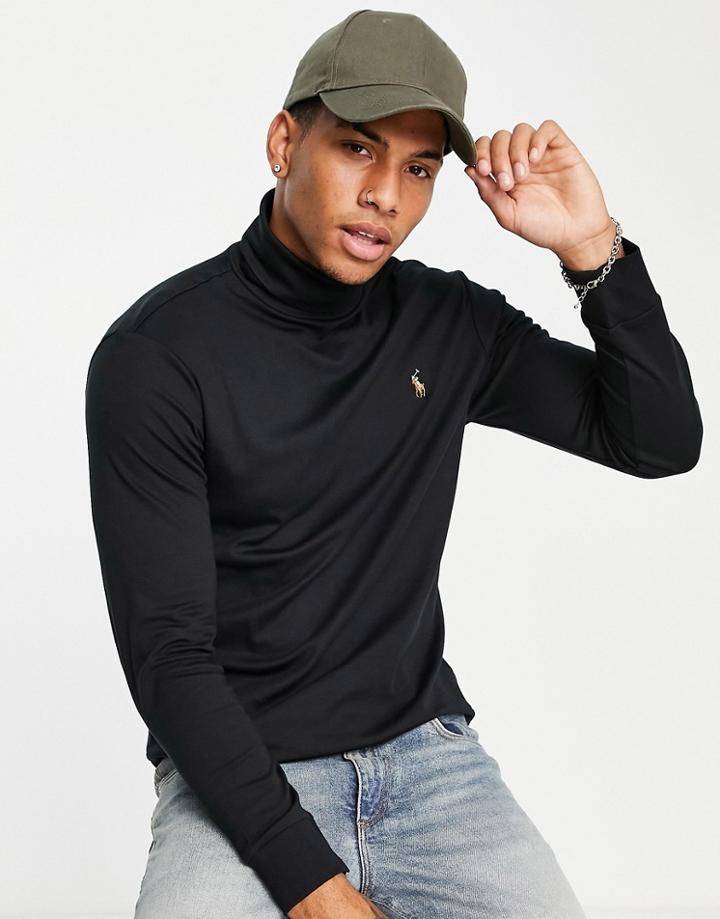 Polo Ralph Lauren Multi Icon Logo Roll Neck Long Sleeve Top In Black