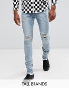 Sixth June Tall Super Skinny Jeans In Midwash Blue With Distressing - Blue