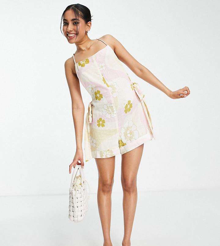 Asos Design Petite Double Cloth Tie Back Romper In Hawaiian Print-multi