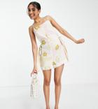 Asos Design Petite Double Cloth Tie Back Romper In Hawaiian Print-multi