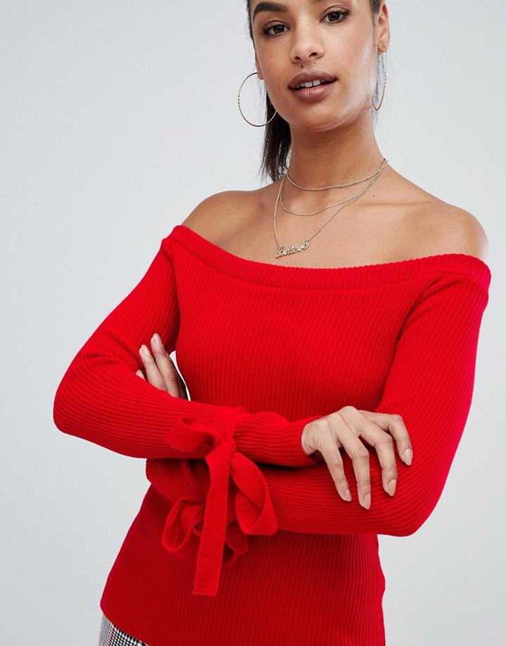 Boohoo Tie Cuff Bardot Sweater In Red - Red