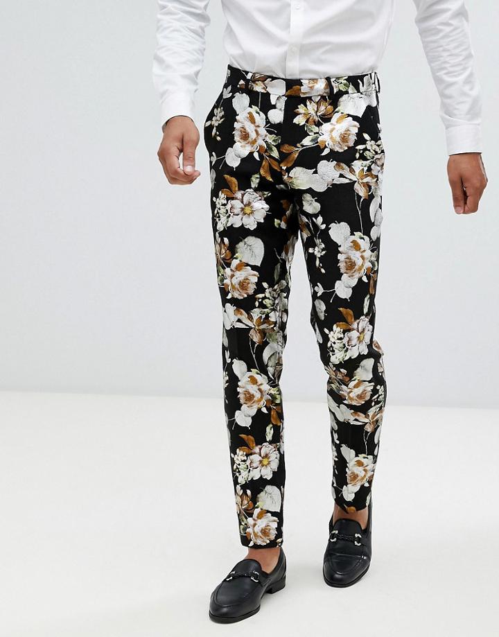 Asos Design Wedding Skinny Suit Pants In Black Foil Floral Print