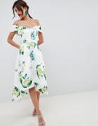 Asos Design Lemon Print Bardot Cold Shoulder Dip Back Midi Prom Dress - Multi