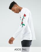Asos Tall Oversized Long Sleeve T-shirt With Rose Sleeve And Chest Print - White