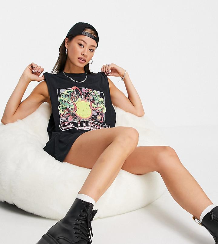 Collusion Sleeveless Claws Oversized Acid Wash T-shirt Dress In Black