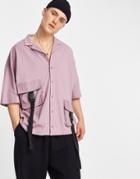 Asos Unrvlld Spply Button Through Jersey Shirt With Utility Pockets & Strap Detailing With Logo Sleeve Print-purple