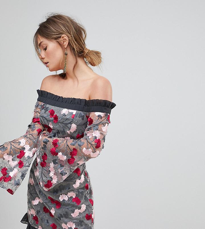 Dolly & Delicious Allover Embroidered Bardot Shift Dress With Fluted Sleeve Detail - Multi