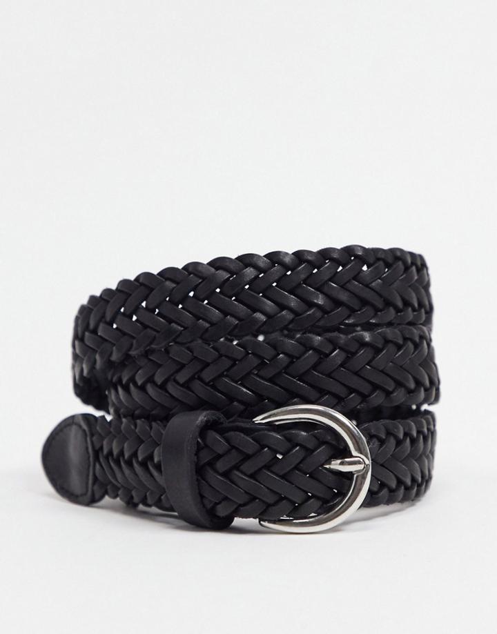 Asos Design Leather Skinny Braided Belt In Black