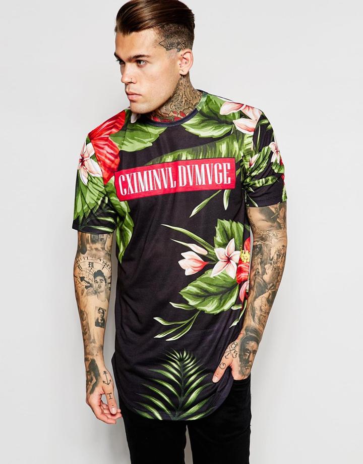 Criminal Damage Longline T-shirt With Tropical Print - Black