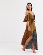 Forever U Wrap Front Maxi Dress With Cold Shoulder In Mixed Print-multi