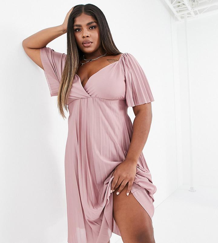 Asos Design Curve Pleated Twist Back Cap Sleeve Midi Dress In Rose-pink