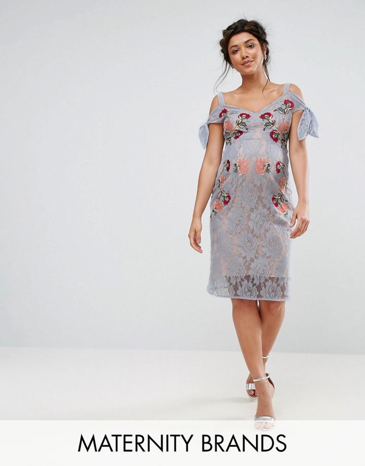 Hope & Ivy Maternity Cold Shoulder Embroidered Lace Dress - Blue