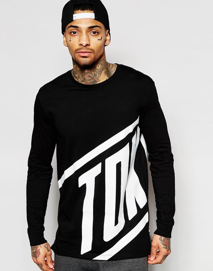 Asos Longline Long Sleeve T-shirt With Tokyo Print And Zips - Black