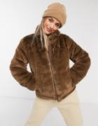 Jdy Faux Fur Jacket With Seam Detail In Brown