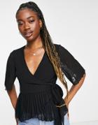 Asos Design Textured Wrap Short Sleeve Blouse With Pleated Peplum Hem Black