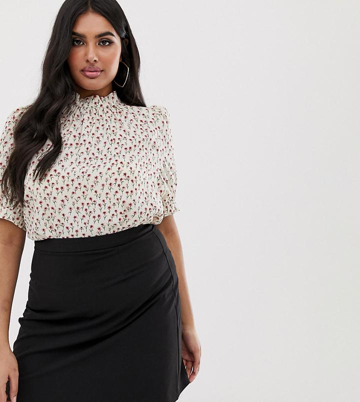Fashion Union Plus High Neck Blouse In Ditsy Floral - Cream