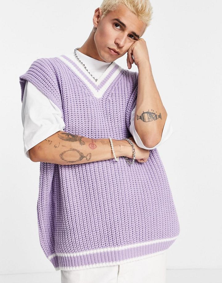 Asos Design Knitted Sleeveless V Neck Sweater In Lilac With Tipping-purple