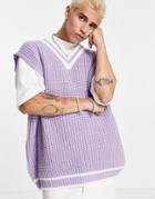 Asos Design Knitted Sleeveless V Neck Sweater In Lilac With Tipping-purple