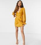 Asos Design Petite Wrap Plunge Mini Dress With Flute Sleeve In Mustard-orange