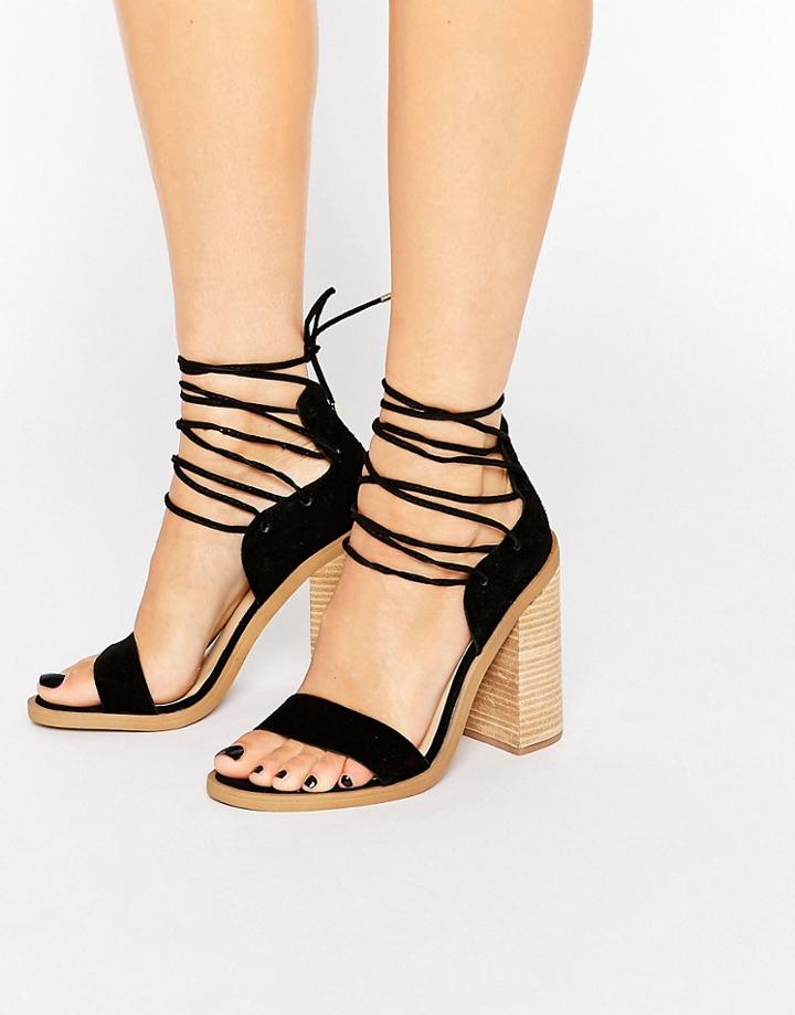 New Look Strappy Tie Suede Wooden Heeled Sandal - Black