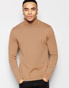 Asos Roll Neck Sweater In Camel Cotton - Camel