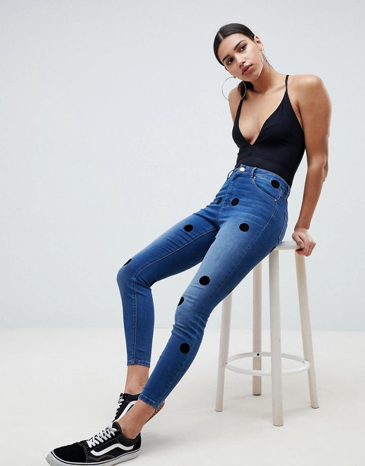 Asos Design Ridley High Waist Skinny Jeans In Dark Stone Wash With Large Flock Spots - Blue