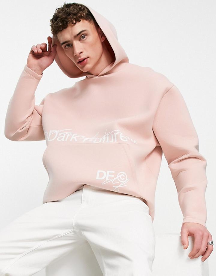 Asos Dark Future Oversized Hoodie In Scuba Fabric With Multi Logo Prints In Shell Pink