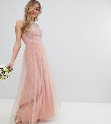 Chi Chi London Petite Bardot Neck Sleeveless Maxi Dress With Premium Lace And Tulle Skirt - Pink