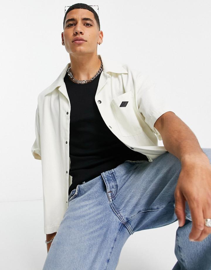 Topman Short Sleeve Revere Denim Shirt In Ecru-neutral